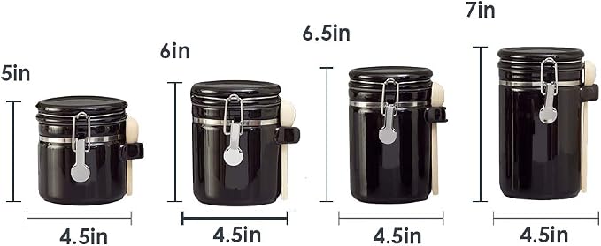 Canister Sets For The Kitchen (4 Piece Set) Black, High Gloss Ceramic By Home Basics Decorative Kitchen Set With Wooden Spoons, Countertop Set For Flour, Sugar, Coffee, and Snacks