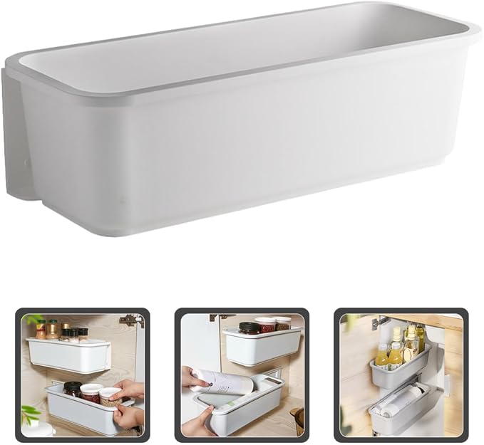 Pull-out Kitchen Storage Organizer Box Wall-mounted Gray Storage Rack for Cabinet and Bathroom Adhesive No-drill Holder Basket for Pantry and Makeup Brush