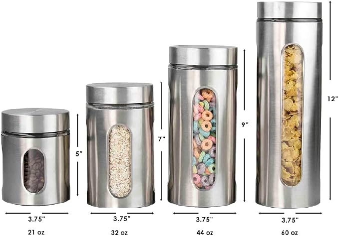 Kitchen Canisters By Home Basics | Retro-Styled For Kitchen Counter | Stainless Steel and Glass | With See-Through Windows (Silver), 4 Pieces, For Flour, Coffee, Sugar, and Dry Ingredients