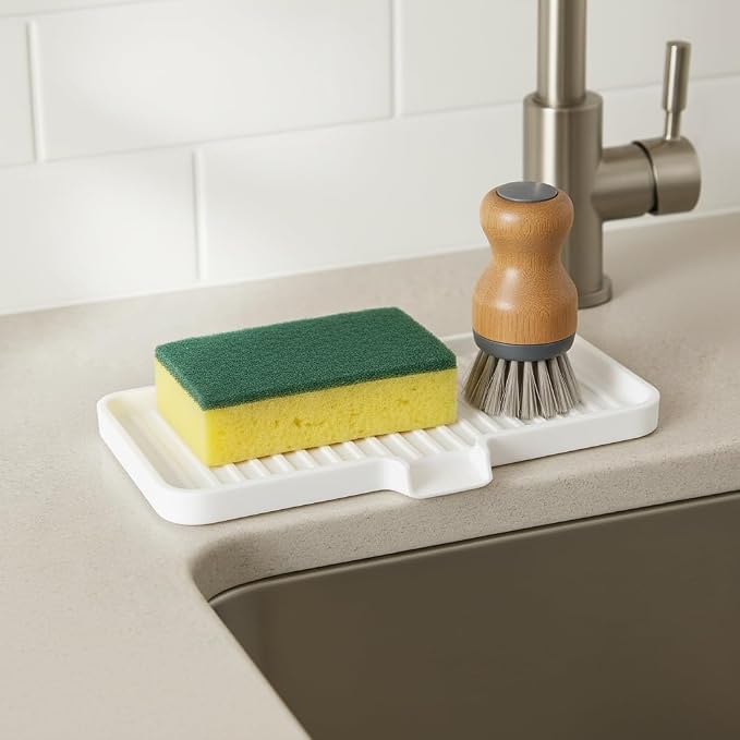 Silicone Soap Dish Tray and Sponge Holder with Drain Chute, Rectangular, Kitchen and Bathroom Sink Organizer (Dark Chocolate, 9"x3.5")