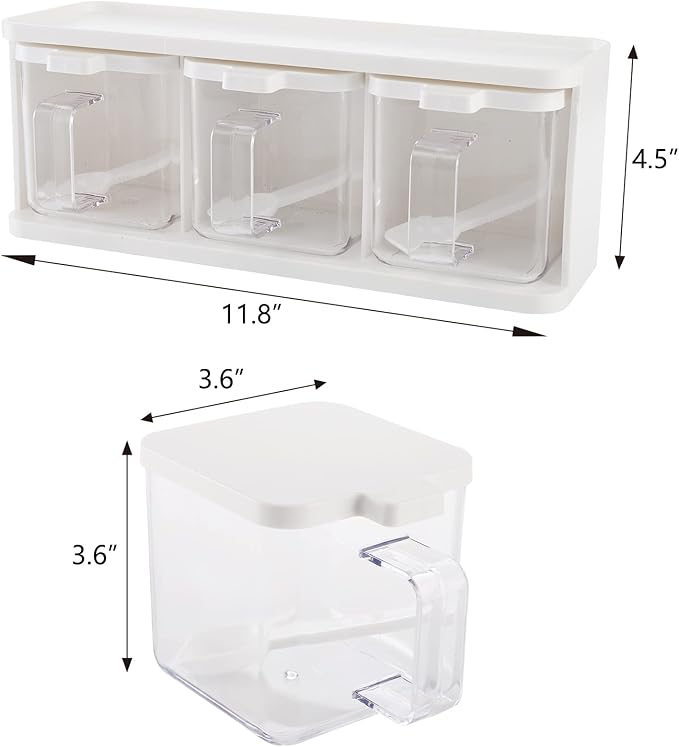Hedume 2 Pack 3 Grids Clear Seasoning Box with Handle and Spoon, Seasoning Storage Container Rack Combo Set with Removable Cruet Jars for Spice Salt Sugar