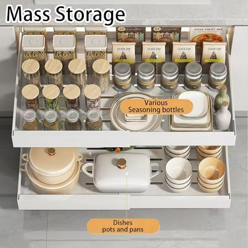 Expandable Pull-Out Cabinet Organizer, Sliding Pantry Shelves for Kitchen Storage, No-Punch Heavy-Duty Design, Fits 12.6-20.4" W x 20.4" D (White)