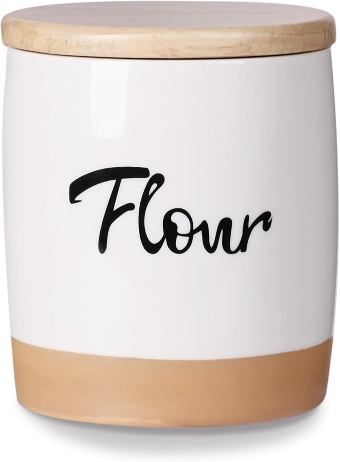 LEETOYI Ceramic Food Storage Containers with Lid,Modern Farmhouse Kitchen Decor, Countertop Food Storage Caddy Organizer, 33oz (Labeled Flour)