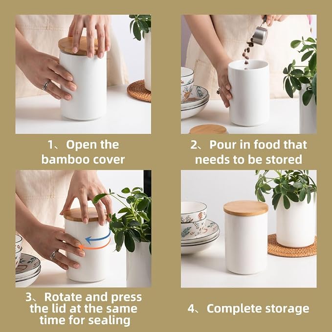 Sweejar Ceramic canisters for kitchen counter,Stackable Food Containers Set with Airtight Seal Bamboo Lid for Serving Ground Coffee, Tea, Spice, Flour and Sugar-Set of 3 (Black)