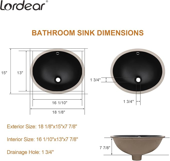 Lordear Undermount Black Bathroom Sink 18x15 Inch Bathroom Vanity Sinks Undermount Round Black Porcelain Ceramic Bathroom Under Counter Lavatory Vanity Sink Basin with Overflow
