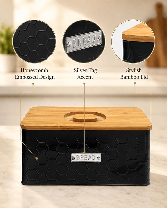 vensovo Bread Box for Countertop – Large Black Metal Bread Bin with Bamboo Cutting Board Lid, Farmhouse Bread Storage Container for Homemade Bread, Baked Goods & Kitchen Counter Organization