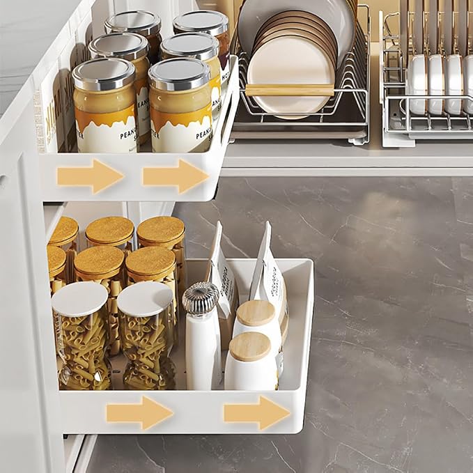 Pull Out Cabinet Organizer, Heavy Duty Slide Out Drawer, No Drill Pull Out Drawers, Sliding Pull-Out Pantry Shelves for for Cabinets, Roll Out Shelf Storage for Kitchen Bathroom White