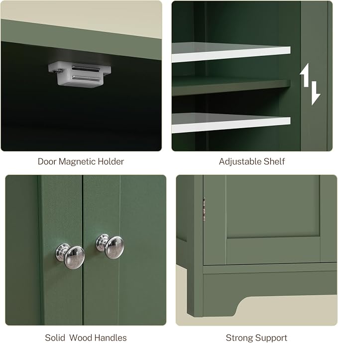 TEENFON Bathroom Storage Cabinet, Bathroom Cabinet with 4 Doors & 2 Adjustable Shelves, Cupboard, Cabinets for Living Room, Entryway, Office, Forest Green