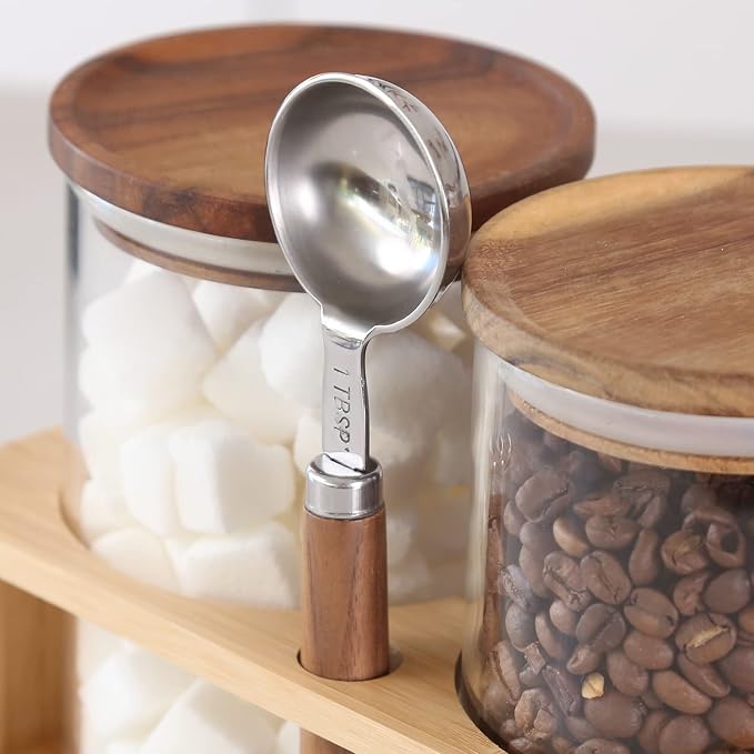 KKC HOME ACCENTS Clear Borosilicate Glass Glass Storage Jars with Airtight Wood Lids,Air Tight Sealed Wooden Top Glass Jars with Spoon for Coffee,Tea,Sugar, 25 OZ (750 ml)
