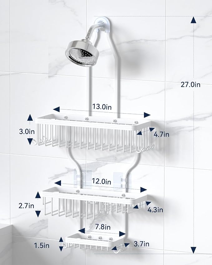 YASONIC Never Rust Shower Caddy Hanging, Aluminum Shower Racks for Inside Shower, 3-Tier Shower Organizer Hanging Over Shower Head with Hooks and Soap Holder, White