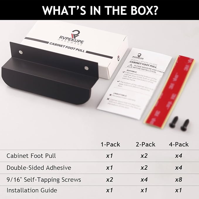 RVPEKUPE 2-Pack Under Cabinet Foot Pull with Adhesive and Screws, Hands Free Toe Foot Pull Opener for Kitchen Trash Cabinet Drawer, 4 Inch (Matte Black)