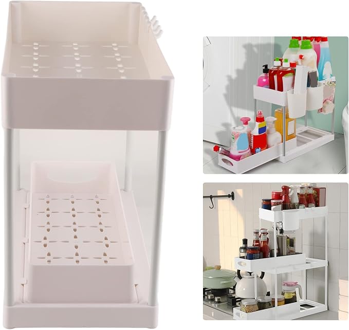 Slide Out Storage Basket Organizer Space Saving for Kitchen Bathroom (White)
