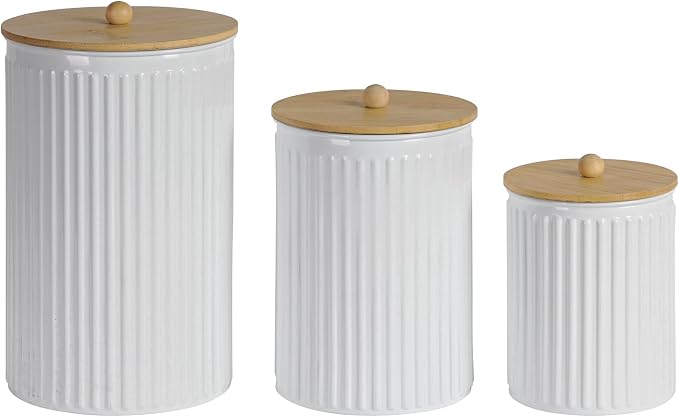 Kitchen Canister Set of 3 Tea Coffee Sugar Containers with Airtight Bamboo Lids Food Flour Storage for Countertop Metal White Vertical Stripe Pattern Embossed Farmhouse Decor