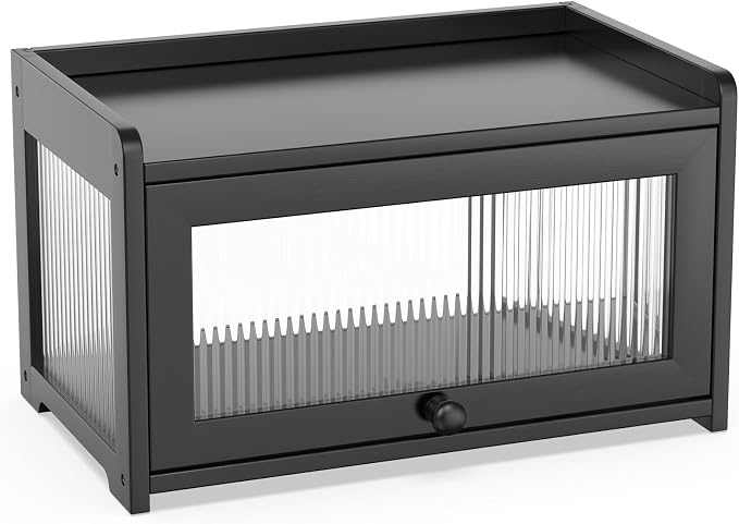 BAMBANG Bamboo Bread Box for Kitchen Countertop, Extra Large Farmhouse Bread Box with 4-Side Clear Panels, Wooden Bread Storage Container for Homemade Bread, Black