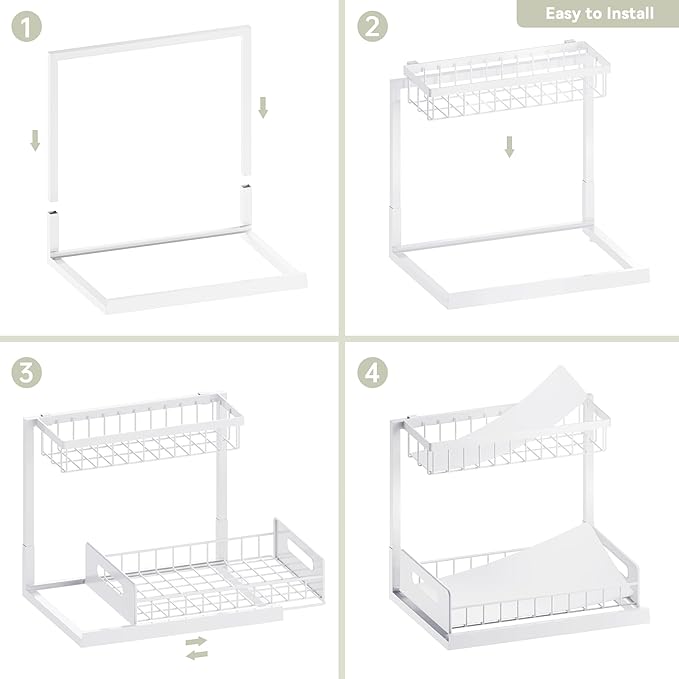 Under Kitchen Sink Organizer 2 Tier, Pull Out Bathroom Sink Organizers and Storage, Cabinet Kitchen Bathroom Storage Organization Shelf, 2 Pack White