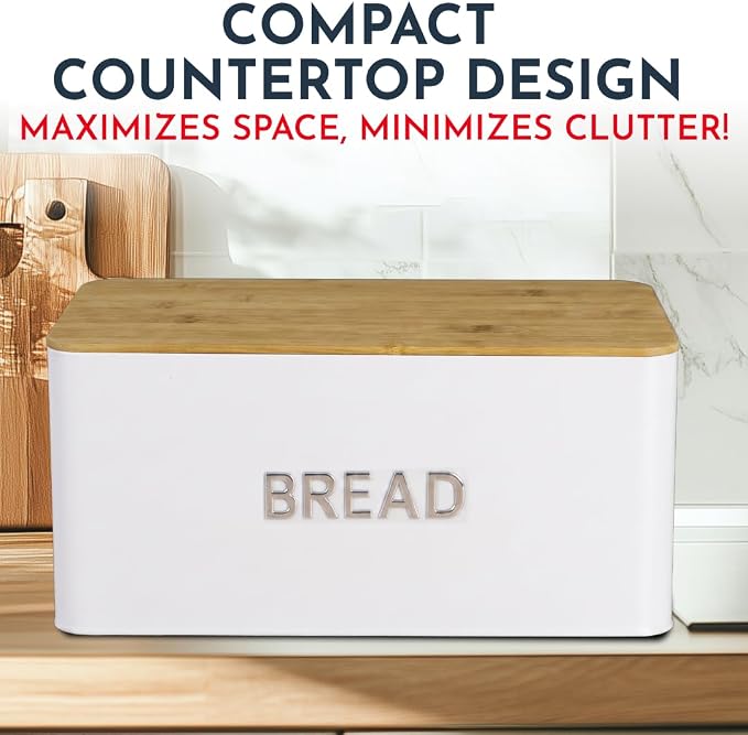 Culinary Couture White Bread Box for Kitchen Countertop with Bamboo Lid - Large BreadBox for Homemade Bread - Storage BreadBox with Cutting Board Lid