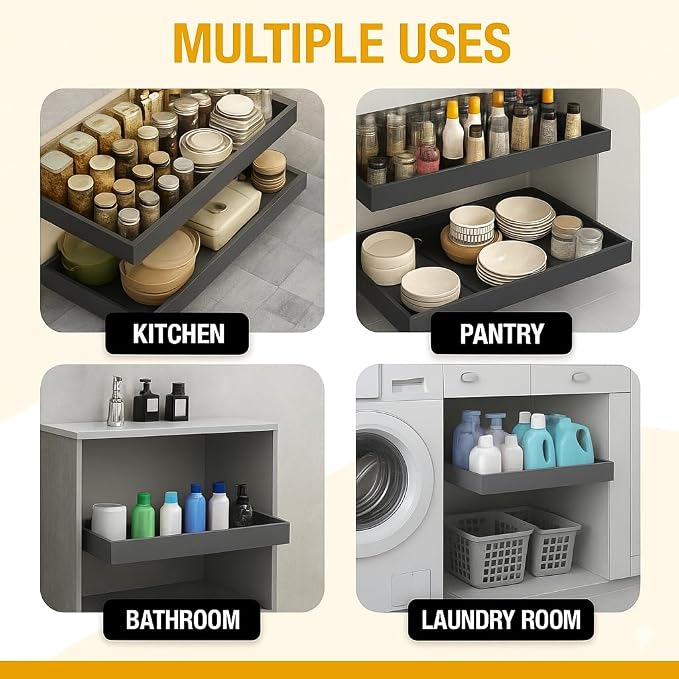 Expandable Pull Out Drawers for Cabinets(Gray) : Kitchen and Pantry Organizer, Sliding Cabinet Organizer with Adhesive, Under Sink and Pots Storage, Depth 16.5". expandable pull out cabinet organizer