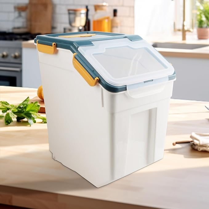 2 Pack Rice Storage Container with Measuring Cup 50 lb Flour Storage Container with Wheels, BPA Free Food Storage Container Dog Cat Food Bin Set for Dry Food Sugar, Cereal(Blue)