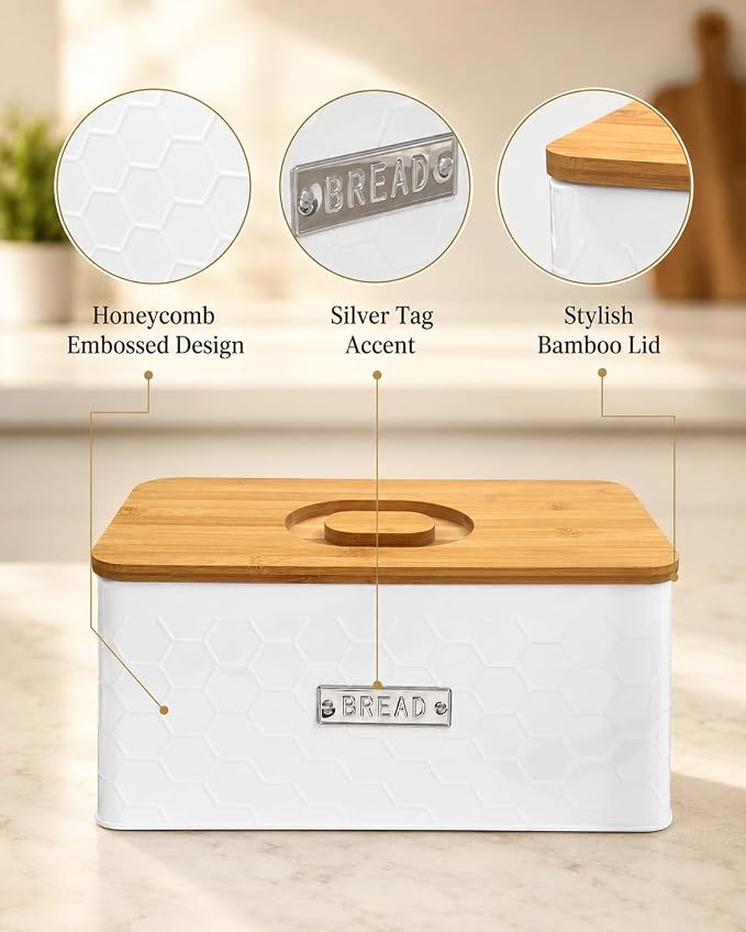 vensovo Bread Box for Countertop – Large White Metal Bread Bin with Bamboo Cutting Board Lid, Farmhouse Bread Storage Container for Homemade Bread, Baked Goods & Kitchen Counter Organization
