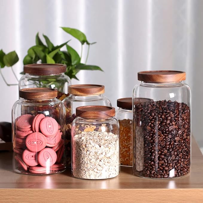 Large Glass Food Canisters, 93 FL OZ(2750ml) Kitchen Serving Stoarge Container with Airtight Wooden Lids, Cereal Dispenser Jars for Spaghetti Pasta, Powder, Spice, Tea, Coffee(8.8inch high)