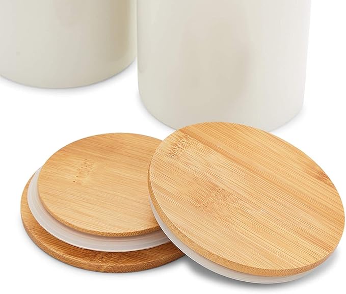 Farmlyn Creek White Ceramic Canisters - Coffee Canisters with Airtight Wood Lids - Countertop Coffee Tea Sugar Container Set - Flour & Sugar Storage Containers - 3 Pack, 4x4x5.9/4x4x4.9/4x4x3.9 in