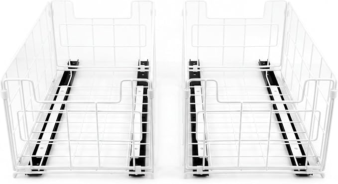 Pull Out Cabinet Sliding Basket Organizer, Heavy Duty Slide Out Drawer for Kitchen Cabinet, No Drill Adhesive Sliding Shelves for Kitchen Bathroom Home, 13.8" D x 8.5" W x 6.3" H,White-2 Pack