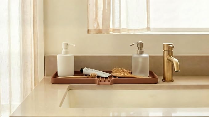 Silicone Soap Dish Tray and Sponge Holder with Drain Chute, Rectangular, Kitchen and Bathroom Sink Organizer (Vanilla Cream, 12"x4")