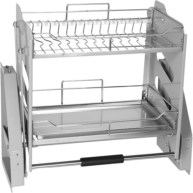 2-Tier Pull-down Storage Lift Cabinet Wall Cupboard Lifting Basket 304 Stainless Steel 22-34 Inch Width for Snacks Bowls Plate (600)
