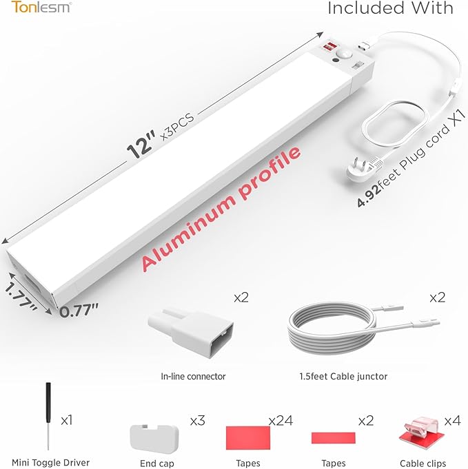 Under Cabinet Lighting Plug in 12in AC120V with Motion Sensor 3000K/4000K/5000K, Super Bright, Linkable Under Counter Light for Kitchen, Shelf, Sink, Closet, Aluminum White 3Pack
