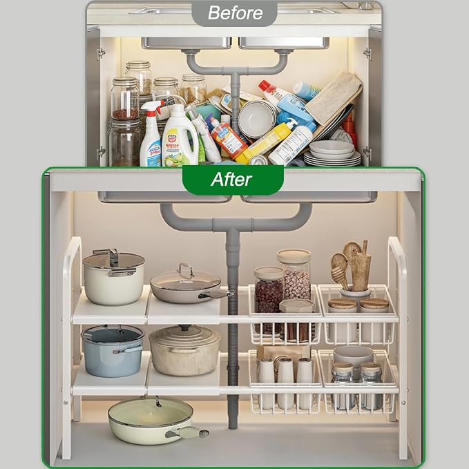 Under Sink Organizer and Storage 2 Tier Expandable Shelves Kitchen Cabinet Crganizers with 4 Baskets and 4 Panels for Bathroom Counter shelf Pantry