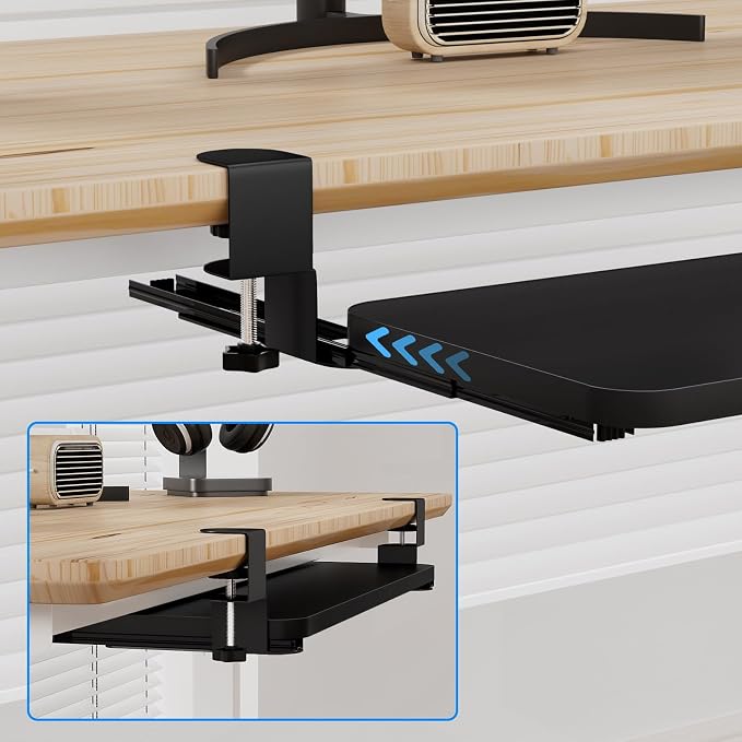 diowewea No-Drill Under-Desk Keyboard Tray, Tray with Adjustable C Clamp, Drawer Desk Extender, Pull Out Keyboard Holder, Black Black