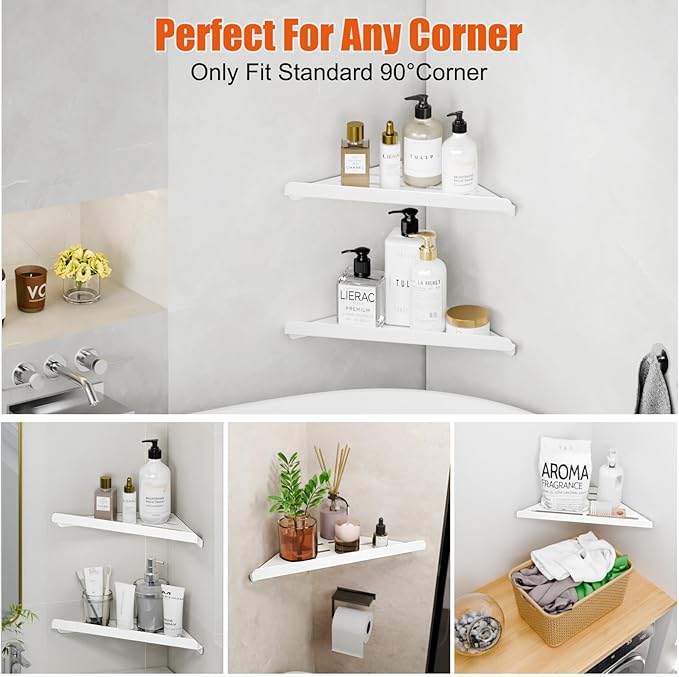 Fikoksol Shower Caddy, 4 Pack Bathroom Corner Shelf, Triangle Shelf Storage for Bathroom Shower, White Metal Shower Shelf & Rustproof Wall Mounted Adhesive Glue Organizer Accessories and Essentials