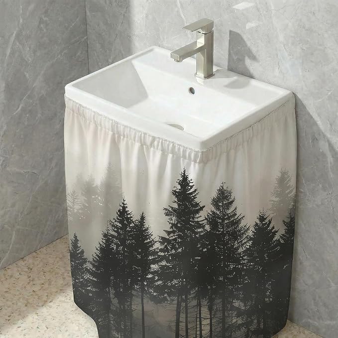 Misty Forest Sink Skirt for Bathroom, Self Stick Adhesive Waterproof Fabric, Nature Woodland Under Sink Curtain Skirt, Pedestal Sink Accessories Decor