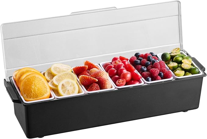 VEVOR Chilled Condiment Server, 6 Compartment Ice Cooled Condiment Serving Container, Chilled Garnish Tray Bar Caddy with Lid, for Bartending & Serving Taco, Salad, Fruit, Home & Restaurant Supplies