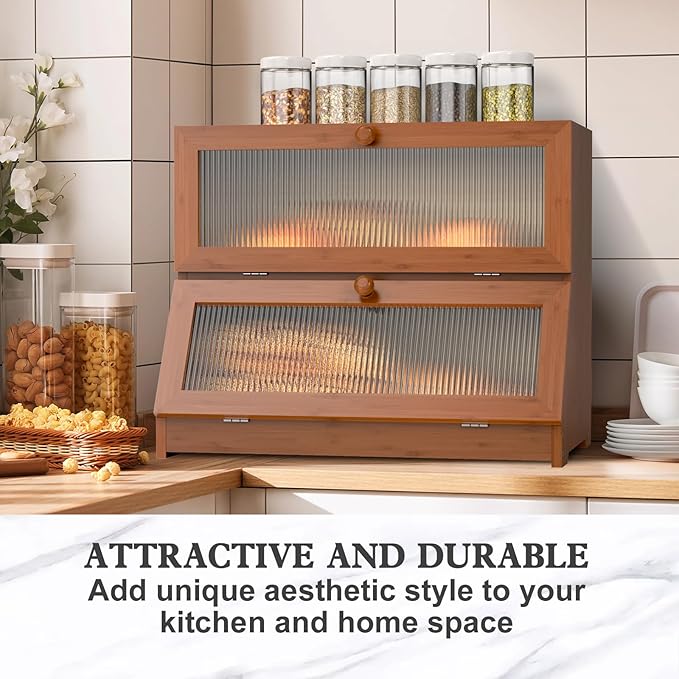 LOHASOK Bamboo Bread Box for Kitchen Countertop, Double Layer Large Bread Storage Container for Homemade Bread with Window & Lid, Bread Keeper Holder,Brown