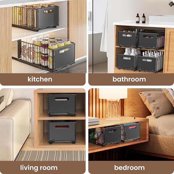 Pull out Cabinet Organizer, 2 Pack Heavy Duty Slide out Drawers Pantry Shelves with Strong Adhesive Glue and Handle for Kitchen, Living Room, Bathroom, Home (14.8" D x 9.6" W x 7.48" H)