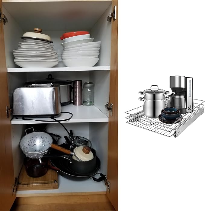 Sikarou Pull Out Cabinet Organizer 26" W x 21" D, Heavy Duty Kitchen Cabinet Pull Out Shelves, Slide Out Wire Basket for Kitchen Cabinets, Bathroom, Pantry, Chrome Finish
