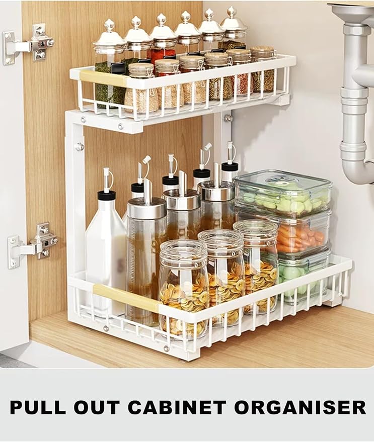 Shelf Pull Out Cabinet Organizer Kitchen Cupboards Storage Solutions No Drill Adjustable Baskets for Bathroom(Black)