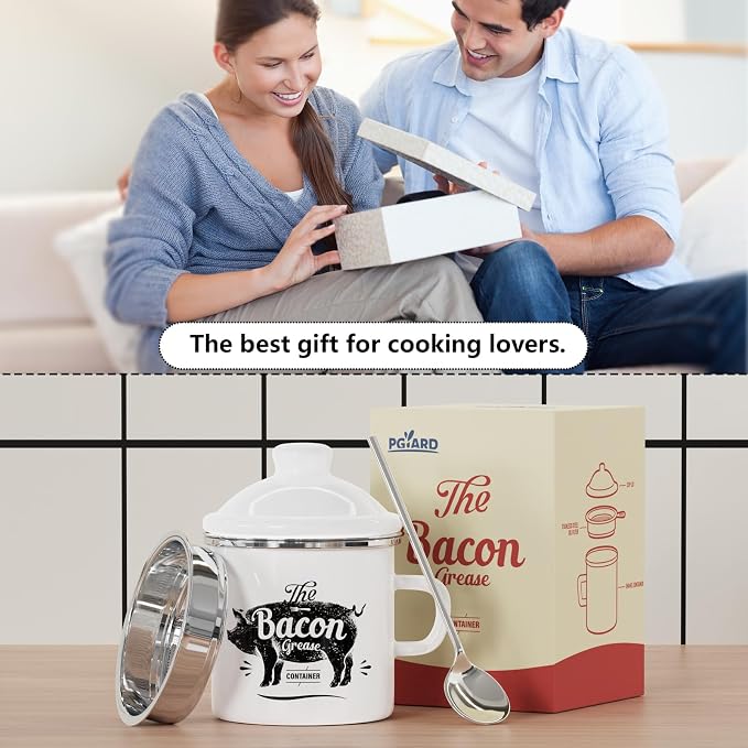 PGYARD Mini Bacon Grease Container With Strainer - 15OZ Enamel Grease Saver, Farmhouse Bacon Grease Keeper For Kitchen Fat Storage, Dishwasher Safe-White