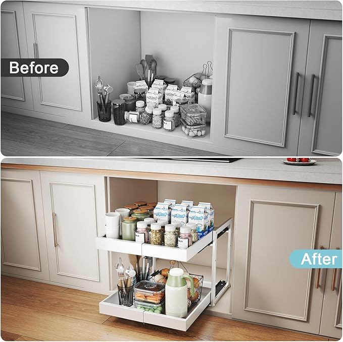 Golener 2-Tier Expandable Pull Out Cabinet Organizer - 21" Deep Slide Out Drawers for Kitchen Cabinets, Bathroom Organizers and Storage, Under Sink Organizer for Kitchen Storage Organization, White