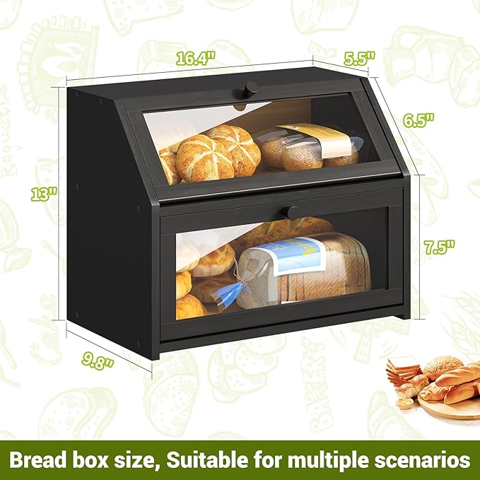 BMOSU Farmhouse Bread Box for Kitchen Countertop Bread box Double Layer Bamboo Wooden Extra Large Capacity Bin Kitchen Food Storage Container(Black)