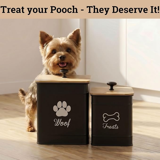 Dog Treat Container Airtight Set of 2 - 8x6 & 7x5 inch Iron Dog Treat Jars for Kitchen Counter with Airtight Bamboo Lids - 20 Cup Capacity Pet Treat Container Set - Doggie Cookie Jar - Treats Canister