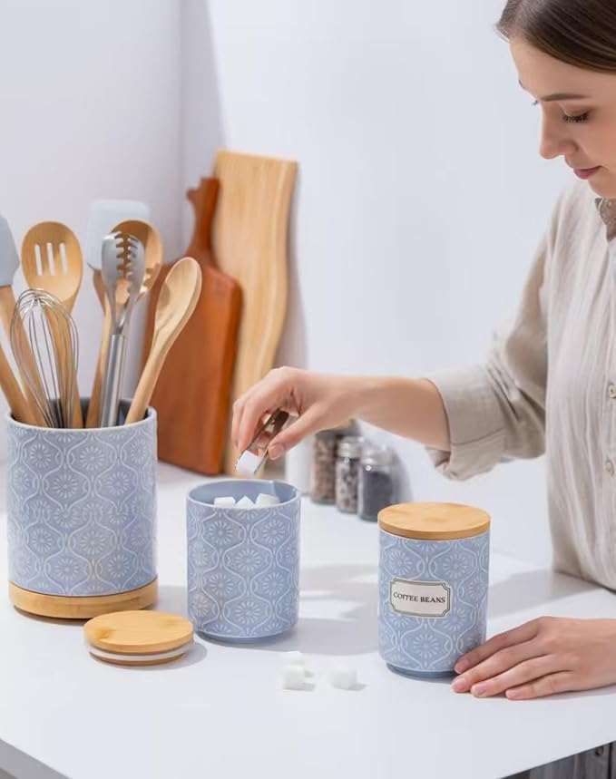 TEATALK Ceramic Utensil Holder Set, 360° Rotating Organizer for Countertop, Farmhouse Vintage Style, Large and Small Crocks in Light Blue 7.7"+5.7", Light Blue