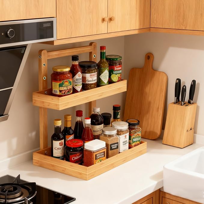 2-Tier Under Sink Pull Out Organizer, Bamboo Cabinet Storage Shelf with Adjustable Height, Slide Out for Kitchen Bathroom Pantry (Natural, 1 Pack)