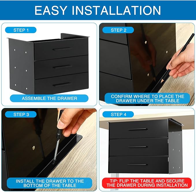 Menkxi 16 inch Under Desk Drawer Storage Pull out Storage Organizer Mounted Metal Sliding Hidden Under Counter Drawer Vertically Stacked for Office Sit Stand Workstation(Black,3 Layer)