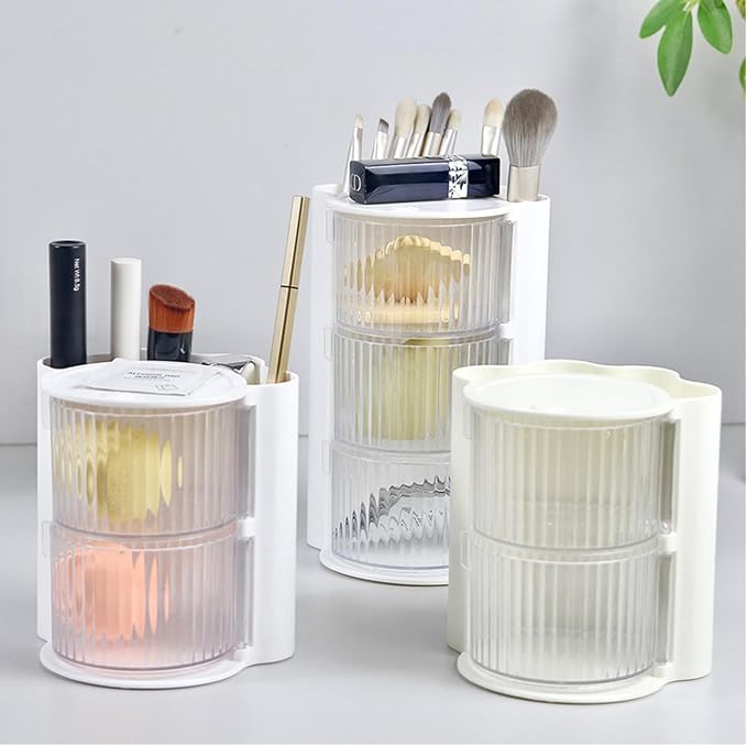 Hair Accessories Organizer with Hair Brush Holder, Rotatable Makeup Brush Holder for Necklaces, Earring, Bracelet, Ring, Makeup Brushes, Hair Clip and Hair Accessories (2 Layer Beige)