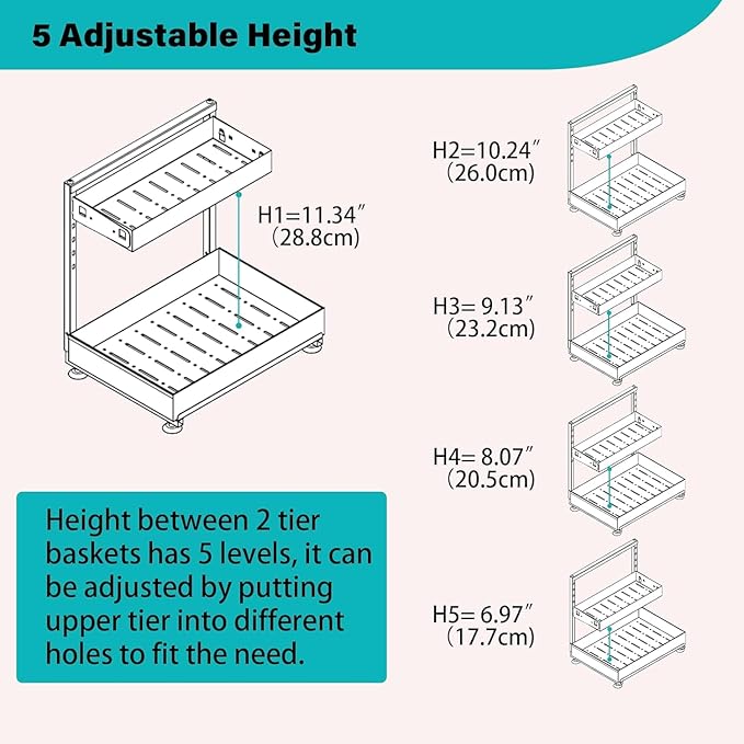 Under Sink Organizer, 2 Pack 2 Tier Metal Under Cabinet Storage with Height-adjustable Shelf and Pull out Rack for Pantry Vanity Cupboard Counter Countertop Bathroom Kitchen