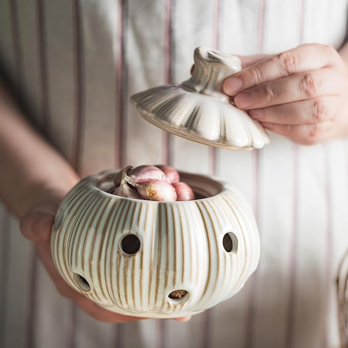 Garlic Storage Pod Ceramic Garlic Keeper with Lid Large Garlic Container for Counter, White