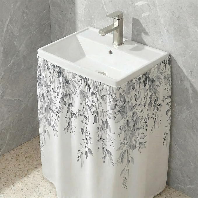 Grey Eucalyptus Sink Skirt for Bathroom, Self Stick Adhesive Waterproof Fabric, Watercolor Plant Leaves with Flora Under Sink Curtain Skirt, Pedestal Sink Accessories Decor