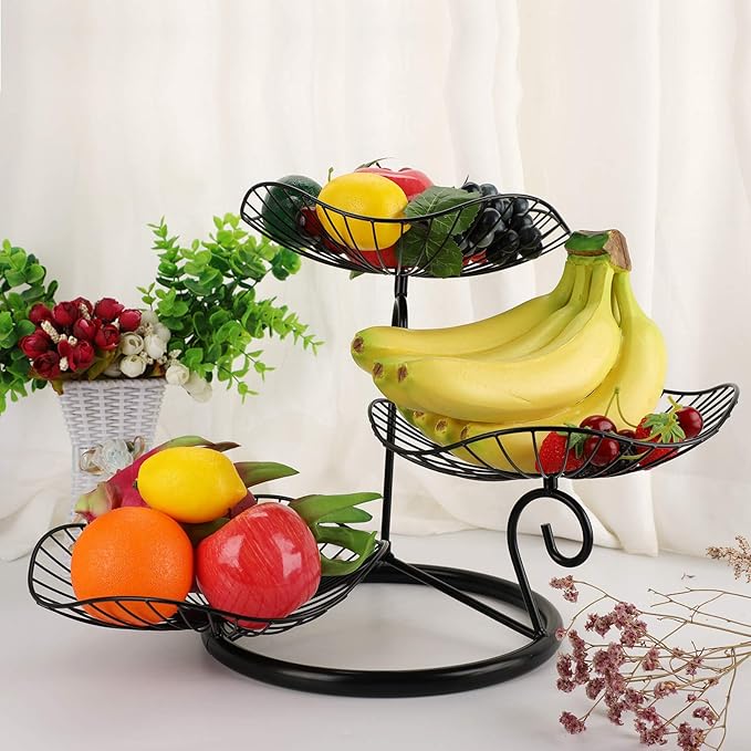 OwnMy 3-Tier Fruit Basket Stand Decorative Iron Fruit Bowl, Black Metal Wire Fruit Holder Trays for for Vegetables Bread Snack, Modern Lotus Fruit Bowls for Kitchen Counter Dining Table